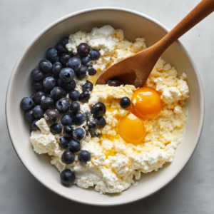 bouzia Mixing bowl with eggs cottage cheese vanilla and bluebe 09704dda 4eab 4df7 941e 47abbb93d0ac